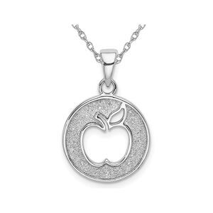 Sterling Silver Glitter Apple cut-Out Charm Pendant Necklace in Sterling Silver